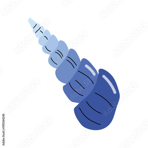 Long blue pointed spiral seashell cartoon icon on white background