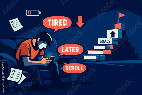 Procrastinating man scrolling social media on smartphone, low energy, missing goals and tasks due to smartphone addiction