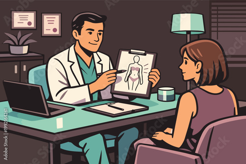 Plastic surgeon doctor consulting woman patient about body cosmetic procedure, showing diagram for enhancement goals