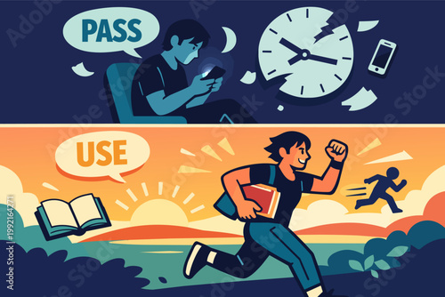 Illustrating time management choices, comparing procrastination and productive action, wasting time versus using it actively