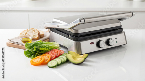 Modern Electric Grill with Fresh Ingredients Ready for Cooking.