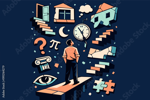 Man navigating complexity of life, mind, thoughts, and time, seeking knowledge and understanding, facing questions and challenges