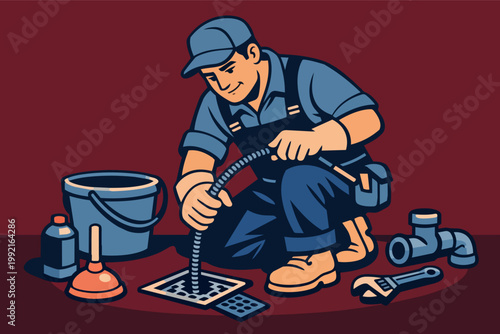 Plumber clearing a clogged drain with a snake, offering expert plumbing, repair, and maintenance services for households