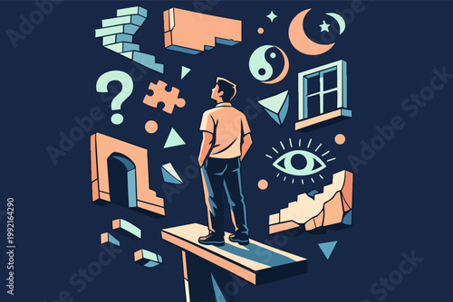 Person standing on a platform looking up at floating abstract symbols, question mark, and life path elements, contemplating future decisions