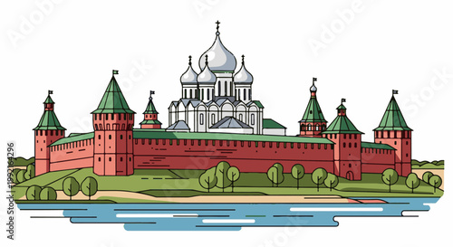 A stylized, flat illustration of a historical fortress with multiple towers and a large central cathedral