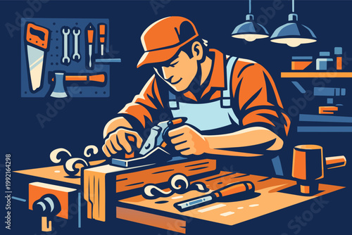 Carpenter planing wood on workbench, creating handcrafted furniture with skilled artisan workmanship in workshop setting