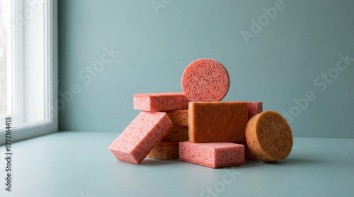 Assortment of Colorful Geometric Sponges Stacked Artfully.