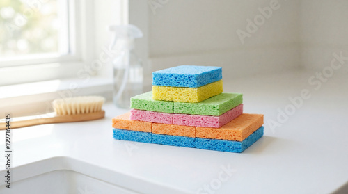 Colorful Kitchen Sponges Stacked Neatly on Countertop.