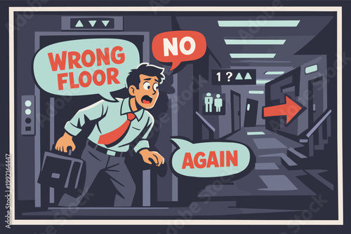 Stressed businessman in an office elevator expressing frustration for reaching the wrong floor and being lost again