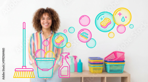Young woman with cleaning supplies and bubbles illustration.
