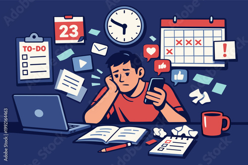 Man feeling overwhelmed and stressed from workload, procrastinating tasks while distracted by social media on phone