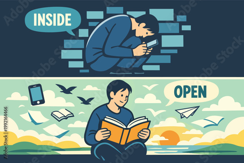Man isolated by phone addiction versus open reader with book, illustrating digital isolation contrasted with mental freedom