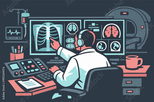 Radiologist doctor examining medical scans, analyzing x-rays and mri brain images for patient diagnosis