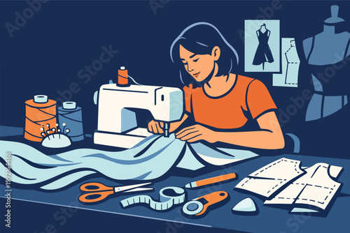 Woman working on sewing machine, creating new clothes and designs in a fashion tailoring workshop