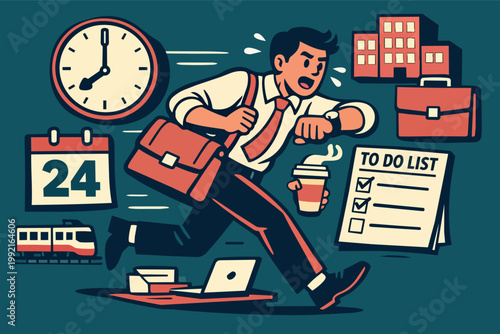 Stressed businessman rushing against deadline, checking watch, managing tasks, feeling burnout and pressure