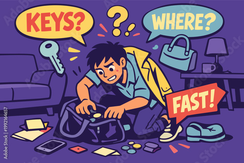 Person frantically searching for lost keys in bag, feeling stressed and late, highlighting disorganization and urgency