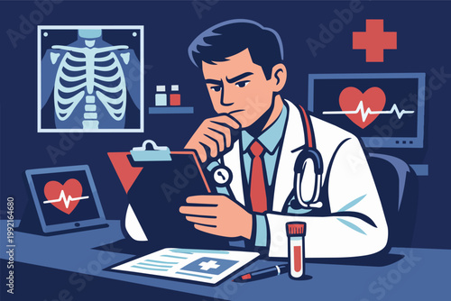 Doctor studying patient medical records and diagnostic images, analyzing health conditions in a clinic