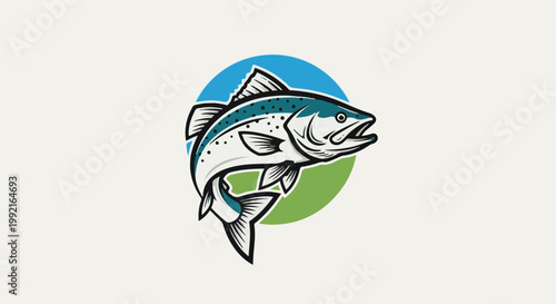 A stylized fish leaps upwards in front of a blue and green circular background