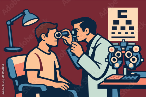 Optometrist examining patient's eyes for vision care and health check, performing a comprehensive eye test