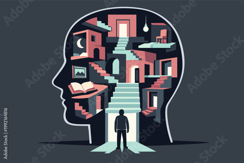 Human mind exploring internal labyrinth of thoughts, memories, and self-discovery on an introspective journey