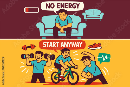 Overcoming lack of energy and motivation, starting exercise, doing sports, achieving healthy lifestyle and wellness action