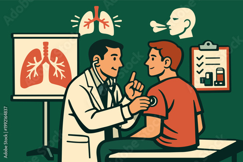 Doctor examining a patient's lungs for respiratory health issues, checking for asthma or breathing problems
