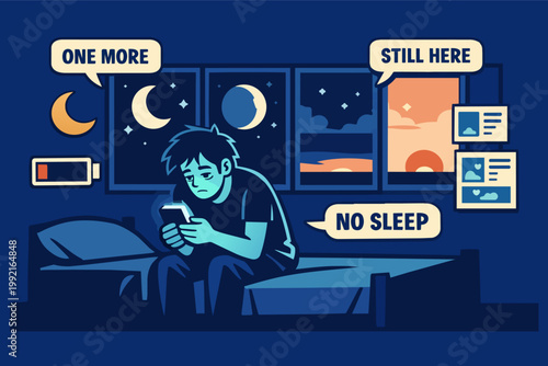 Man staying awake all night scrolling phone in bed, experiencing insomnia and sleep deprivation from digital screen addiction