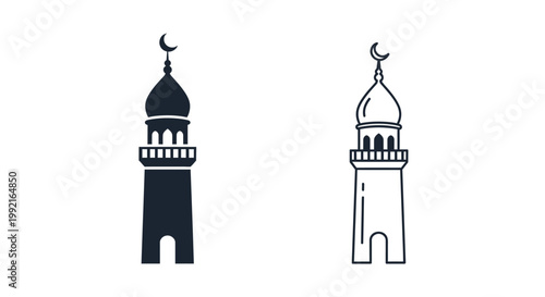 Black and white mosque minarets illustration.