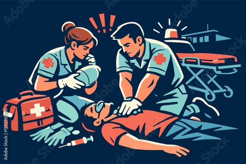 Paramedics performing cpr and providing first aid to a patient in an emergency, emergency medical team rescuing a person