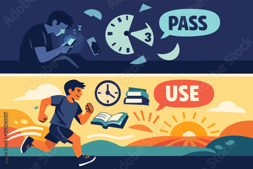 Person choosing between wasting time on phone and leading productive healthy lifestyle using time wisely