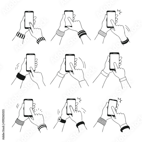 Detailed Hand-Drawn Vector Illustrations of Human Hands Interacting with Smartphones Featuring Various Gestures and Stylish Wrist Accessories