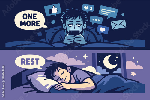 Young man struggling with sleep deprivation due to social media addiction and blue light exposure, contrasting with restful sleep