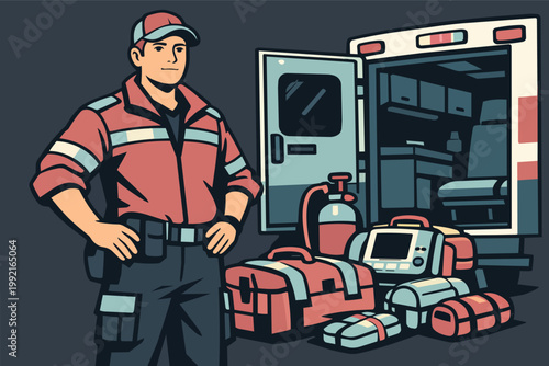 Paramedic standing in front of an ambulance, emergency medical equipment prepared for rescue and healthcare services