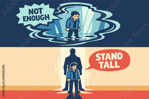 Person experiencing self-doubt with not enough speech bubble, contrasting with growing confidence and a strong shadow saying stand tall