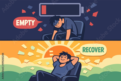 Man experiencing burnout with low energy, an empty battery, and then recovering, relaxing, and recharging his well-being