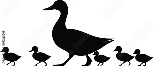 Silhouette of a mother duck leading her ducklings in a line simple vector illustration for concepts of family and guidance