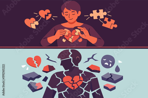 Healing from a broken heart, a person reconstructing feelings and recovering from emotional pain and psychological trauma