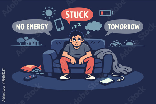 Young man feeling stuck and unmotivated on couch, struggling with low energy, procrastination, and burnout symptoms