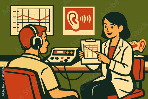 Audiologist conducting hearing test on patient, using headphones and audiometer, analyzing audiogram results for ear health diagnosis