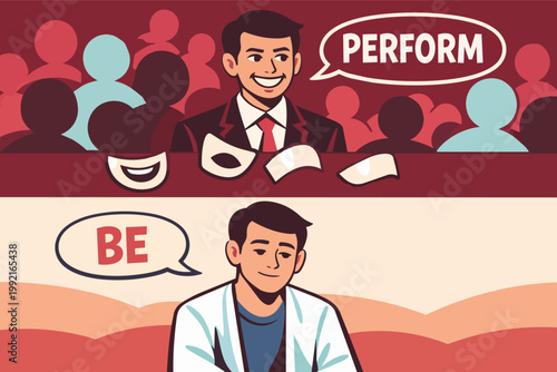 Person performing a role in public while showing their true self in private, expressing authenticity and identity concepts