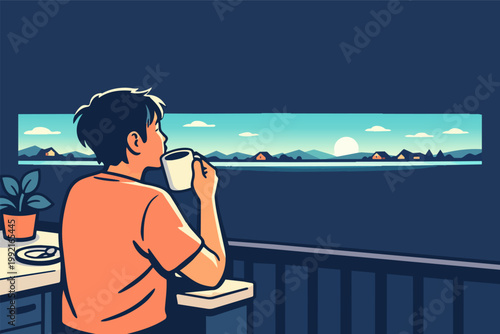 Young man enjoying morning coffee, contemplating a peaceful sunrise landscape from his home balcony
