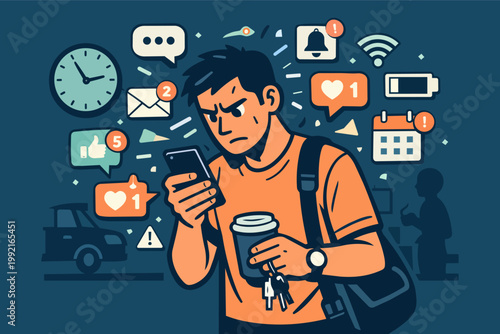 Man engrossed on smartphone, surrounded by a flood of app notifications, messages, and alerts, illustrating modern life's digital stress and information overload