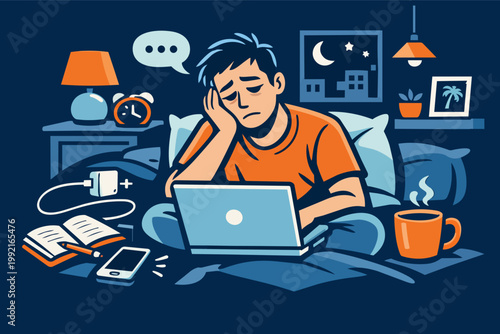 Tired man staying up late in bed, feeling exhausted while working on laptop, struggling with insomnia and burnout
