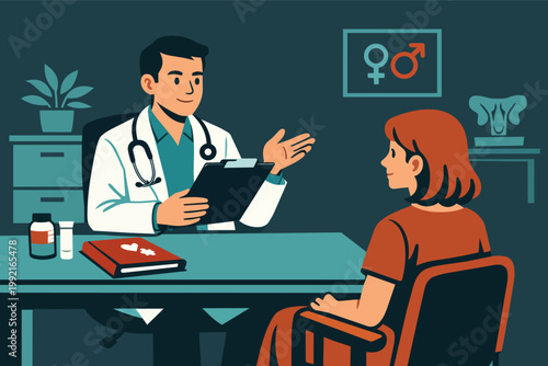 Doctor discussing sexual health and reproduction with a woman, providing consultation in a clinic setting