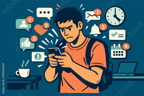 Young man receiving too many social media notifications, feeling anxious and overwhelmed by the constant digital demands