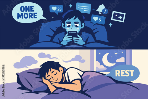 Young man having trouble sleeping due to phone use and social media addiction, then getting peaceful rest