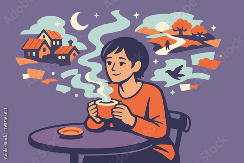 Person holding coffee cup and dreaming of home, travel, and nature with steam creating abstract thoughts