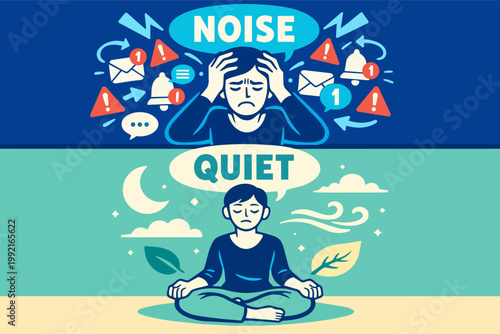 Person coping with overstimulation and finding peace through meditation, contrasting noise and quiet for mental well-being