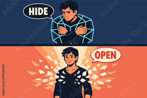 Man choosing to hide or open up, showing mental health struggle, vulnerability, and personal transformation