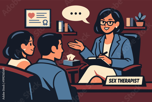 Couple consulting with a sex therapist for relationship advice and sexual health and intimacy therapy